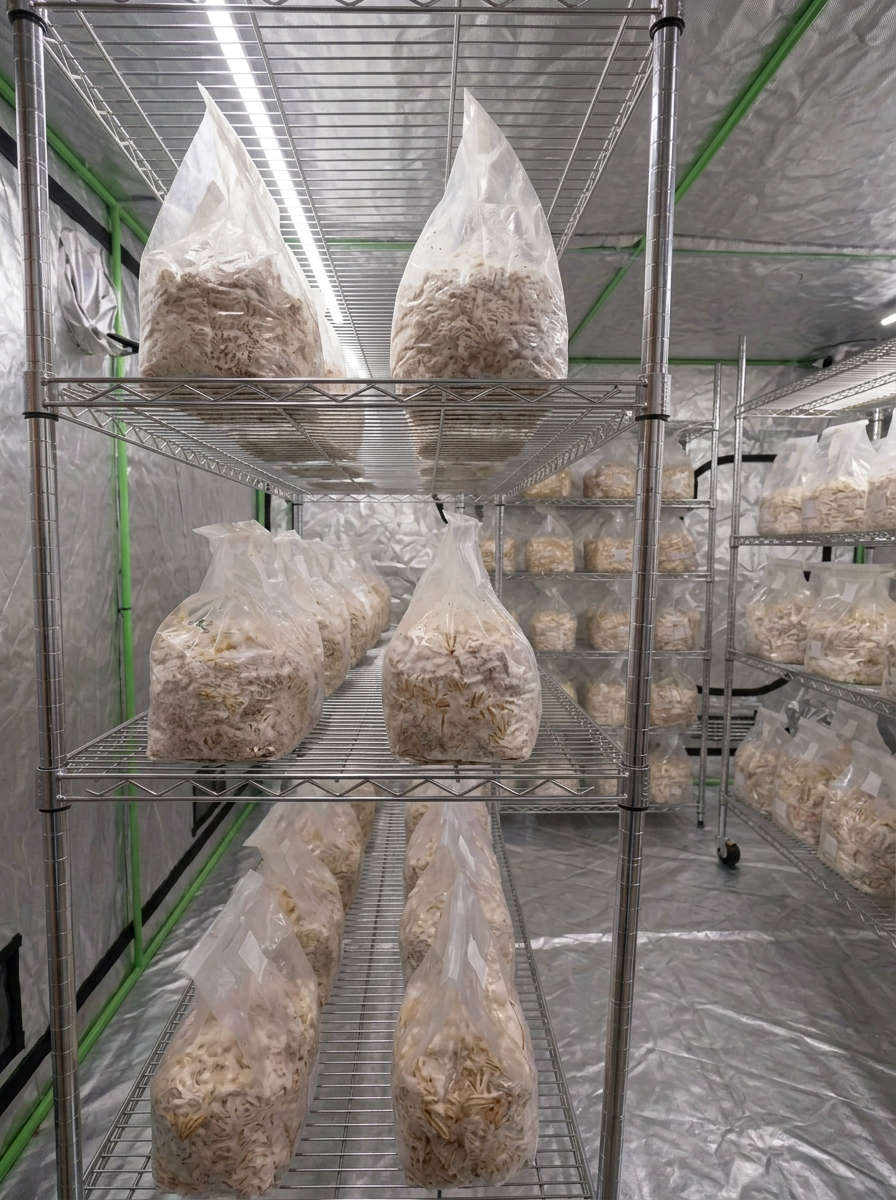 Sacs de substrat colonisés par le mycélium sur étagères métalliques, dans une tente de culture