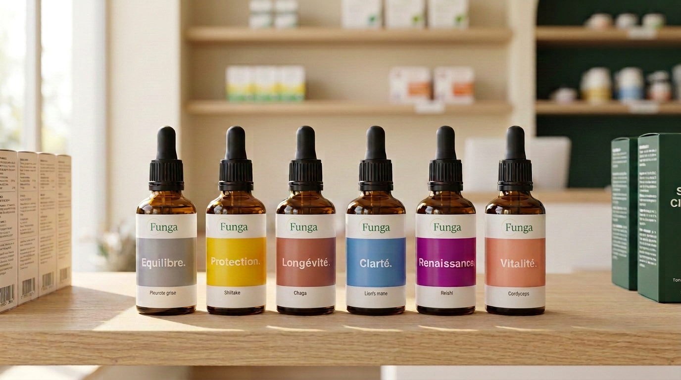 Les six flacons d'extraits Funga alignés sur une étagère de pharmacie